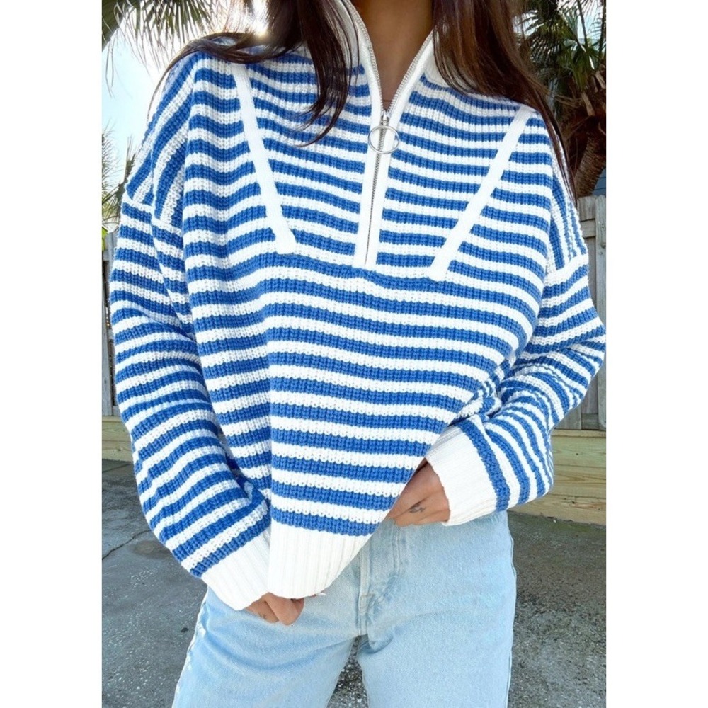 As It Was" Mock Neck Knit sweater 1/4 Zip White blue striped Coastal Vape Cod XS